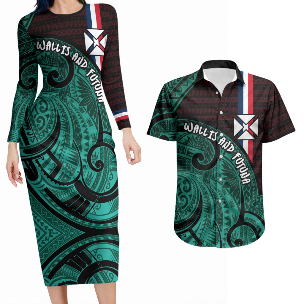 Wallis And Futuna Couples Matching Long Sleeve Bodycon Dress and Hawaiian Shirt Tribal Polynesian Tattoo Heritage Cross Flag TS04 Green Black - Polynesian Pride
