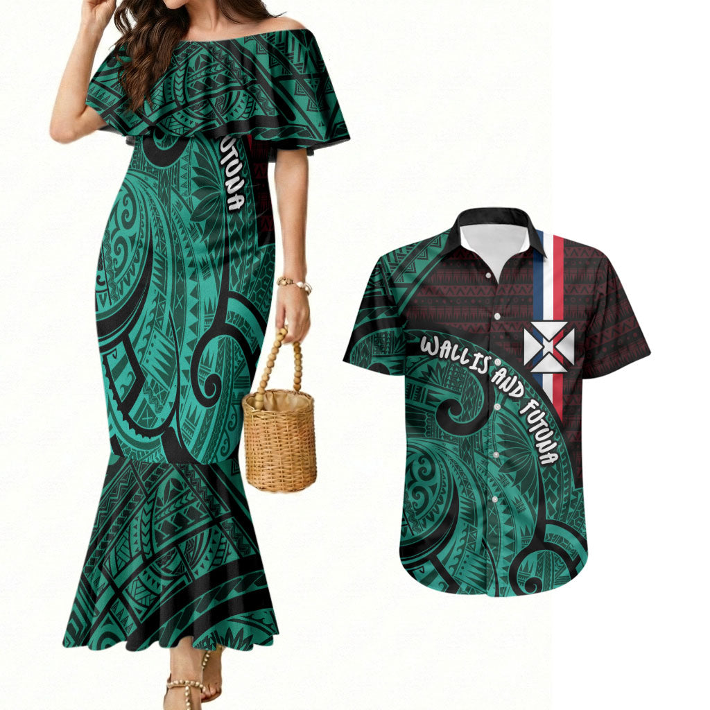 Wallis And Futuna Couples Matching Mermaid Dress and Hawaiian Shirt Tribal Polynesian Tattoo Heritage Cross Flag TS04 Green Black - Polynesian Pride