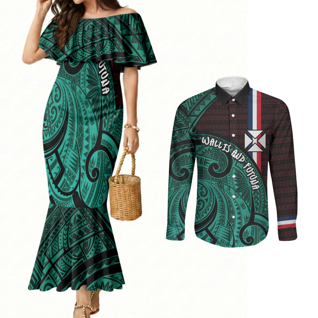 Wallis And Futuna Couples Matching Mermaid Dress and Long Sleeve Button Shirt Tribal Polynesian Tattoo Heritage Cross Flag