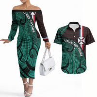 Wallis And Futuna Couples Matching Off The Shoulder Long Sleeve Dress and Hawaiian Shirt Tribal Polynesian Tattoo Heritage Cross Flag TS04 Green Black - Polynesian Pride