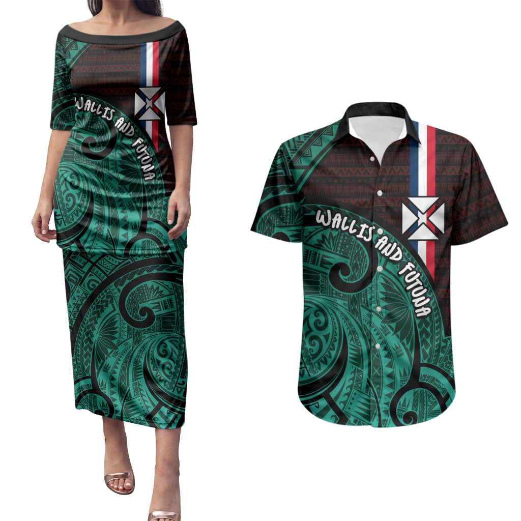 Wallis And Futuna Couples Matching Puletasi and Hawaiian Shirt Tribal Polynesian Tattoo Heritage Cross Flag TS04 Green Black - Polynesian Pride