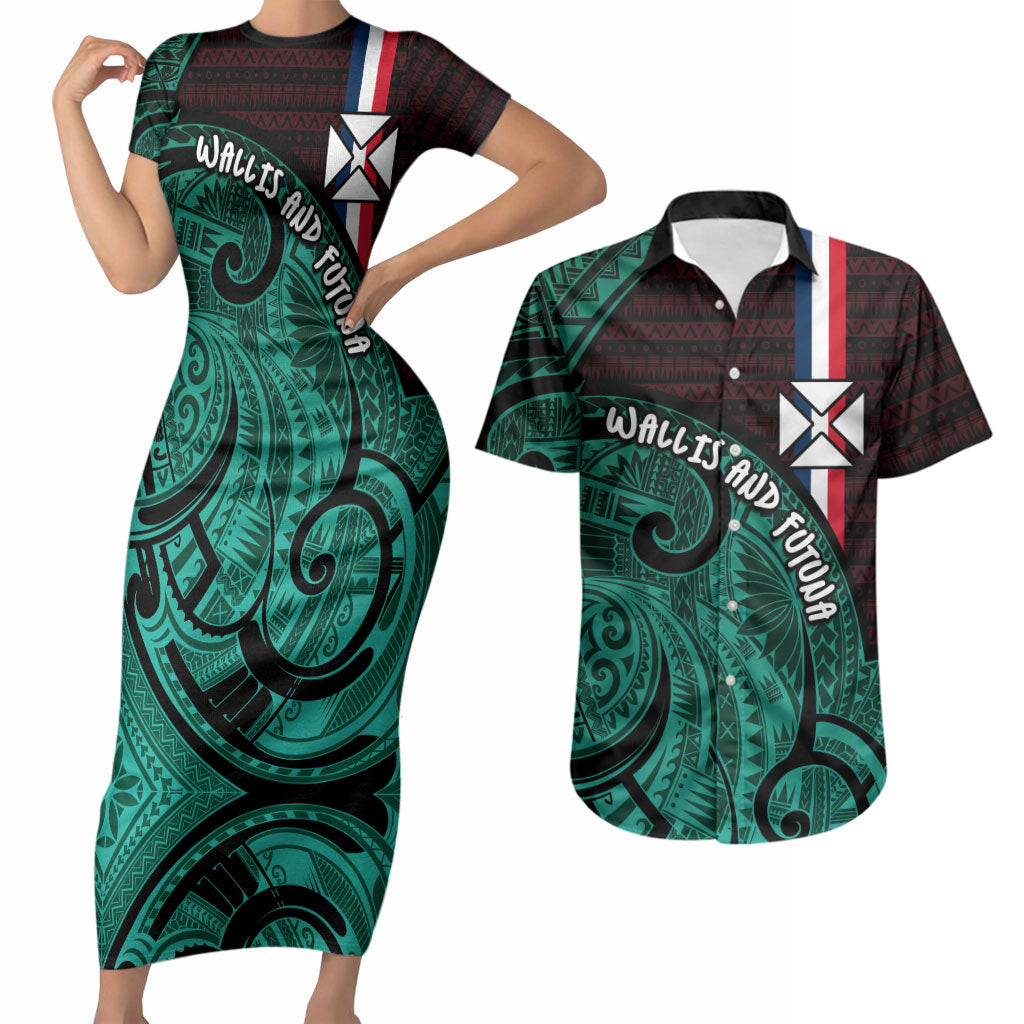 Wallis And Futuna Couples Matching Short Sleeve Bodycon Dress and Hawaiian Shirt Tribal Polynesian Tattoo Heritage Cross Flag TS04 Green Black - Polynesian Pride