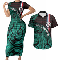 Wallis And Futuna Couples Matching Short Sleeve Bodycon Dress and Hawaiian Shirt Tribal Polynesian Tattoo Heritage Cross Flag TS04 Green Black - Polynesian Pride