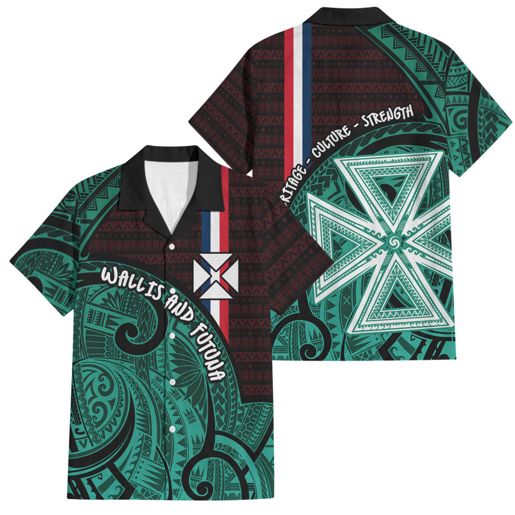 Wallis And Futuna Family Matching Long Sleeve Bodycon Dress and Hawaiian Shirt Tribal Polynesian Tattoo Heritage Cross Flag TS04 Dad's Shirt - Short Sleeve Green Black - Polynesian Pride