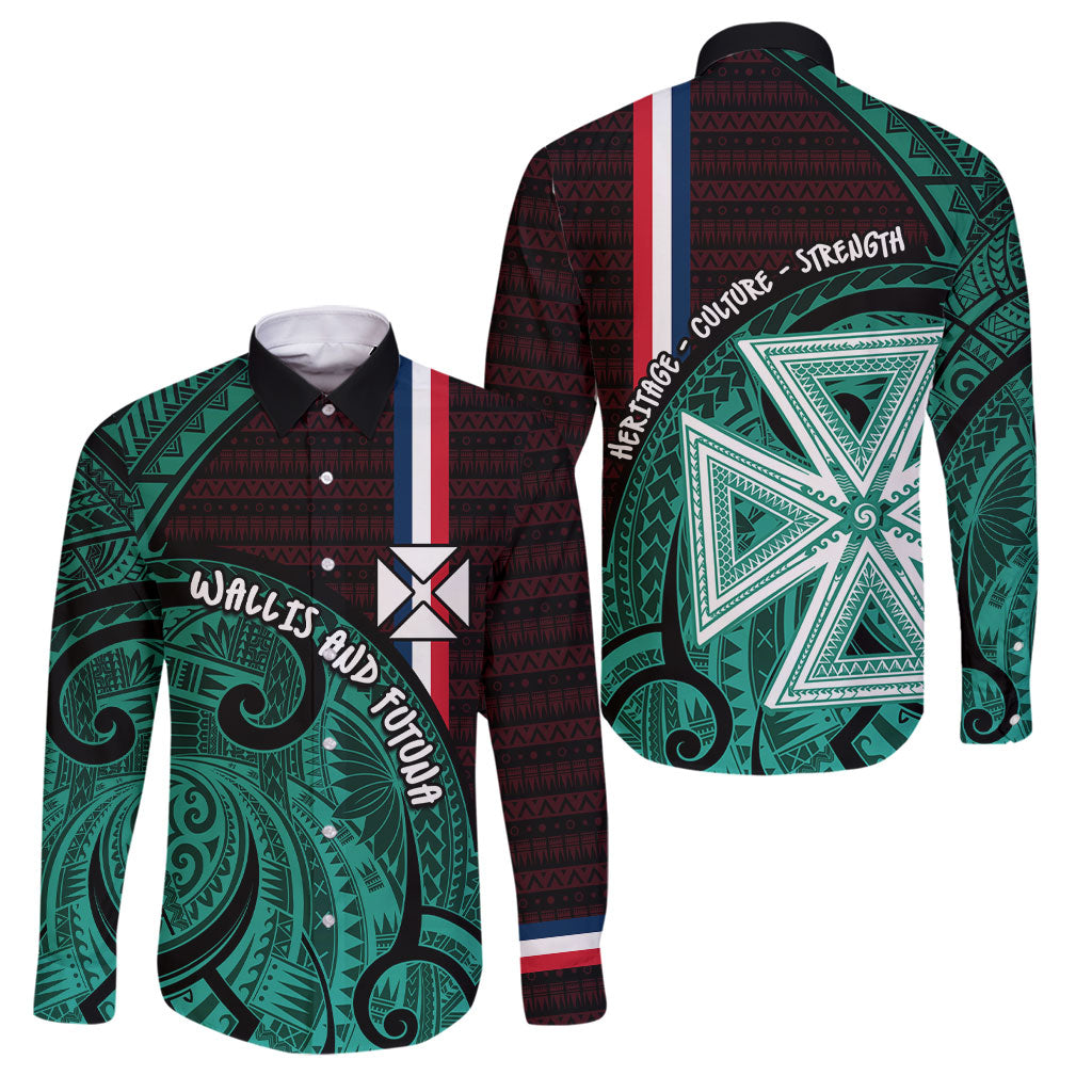 Wallis And Futuna Family Matching Long Sleeve Bodycon Dress and Hawaiian Shirt Tribal Polynesian Tattoo Heritage Cross Flag TS04 Dad's Shirt - Long Sleeve Green Black - Polynesian Pride