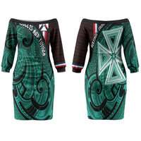 Wallis And Futuna Family Matching Off The Shoulder Long Sleeve Dress and Hawaiian Shirt Tribal Polynesian Tattoo Heritage Cross Flag TS04 Mom's Dress Green Black - Polynesian Pride