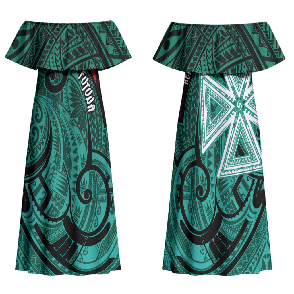 Wallis And Futuna Family Matching Off Shoulder Maxi Dress and Hawaiian Shirt Tribal Polynesian Tattoo Heritage Cross Flag TS04 Mom's Dress Green Black - Polynesian Pride