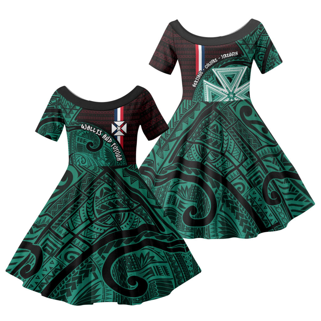 Wallis And Futuna Family Matching Off Shoulder Short Dress and Hawaiian Shirt Tribal Polynesian Tattoo Heritage Cross Flag TS04 Daughter's Dress Green Black - Polynesian Pride