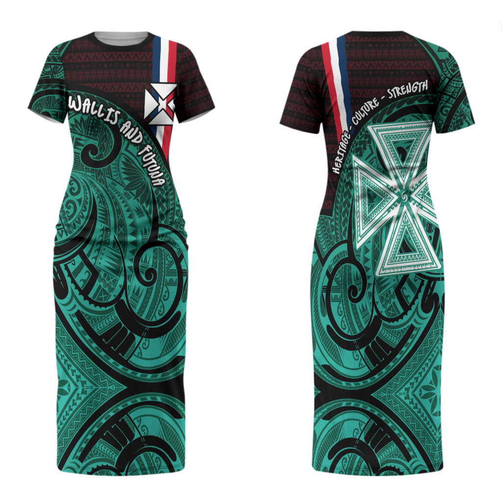 Wallis And Futuna Family Matching Short Sleeve Bodycon Dress and Hawaiian Shirt Tribal Polynesian Tattoo Heritage Cross Flag TS04 Mom's Dress Green Black - Polynesian Pride