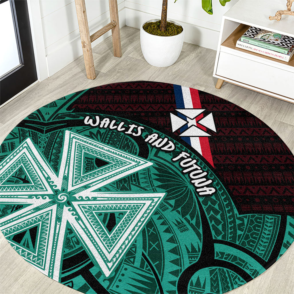 Wallis And Futuna Round Carpet Tribal Polynesian Tattoo Heritage Cross Flag TS04 Green Black - Polynesian Pride