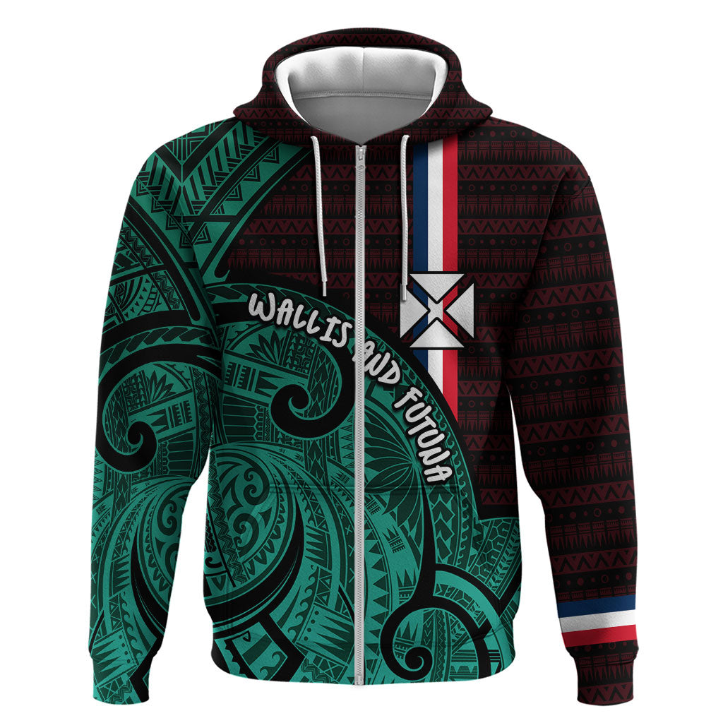 Wallis And Futuna Zip Hoodie Tribal Polynesian Tattoo Heritage Cross Flag TS04 Zip Hoodie Green Black - Polynesian Pride