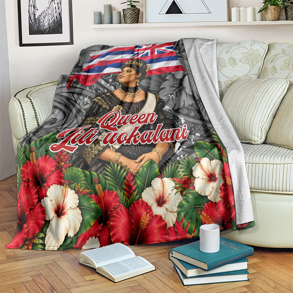 Queen Liliuokalani Hawaiian Flag Blanket Polynesian Tribal Pattern And Tropical Hibiscus TS04 Grey Red - Polynesian Pride