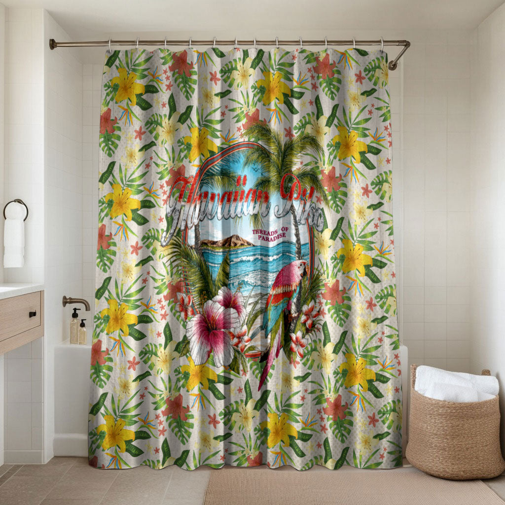 Hawaiian Piko Threads Of Paradise Aloha Bathroom Set Tropical Hibiscus Plumeria TS04 Shower Curtain Only White Green - Polynesian Pride