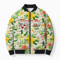 Hawaiian Piko Threads Of Paradise Aloha Bomber Puffer Jacket Tropical Hibiscus Plumeria TS04 Unisex White Green - Polynesian Pride