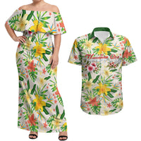 Hawaiian Piko Threads Of Paradise Aloha Couples Matching Off Shoulder Maxi Dress and Hawaiian Shirt Tropical Hibiscus Plumeria TS04 White Green - Polynesian Pride