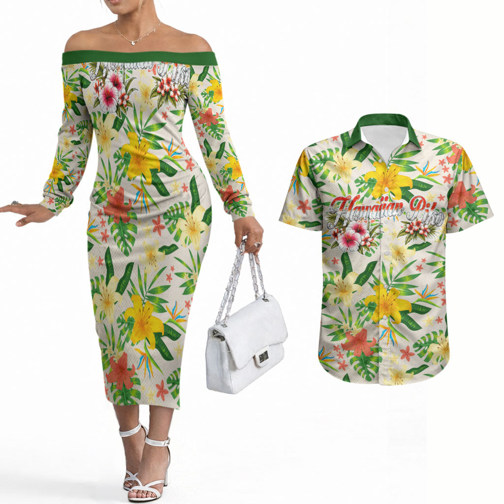 Hawaiian Piko Threads Of Paradise Aloha Couples Matching Off The Shoulder Long Sleeve Dress and Hawaiian Shirt Tropical Hibiscus Plumeria TS04 White Green - Polynesian Pride