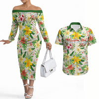 Hawaiian Piko Threads Of Paradise Aloha Couples Matching Off The Shoulder Long Sleeve Dress and Hawaiian Shirt Tropical Hibiscus Plumeria TS04 White Green - Polynesian Pride