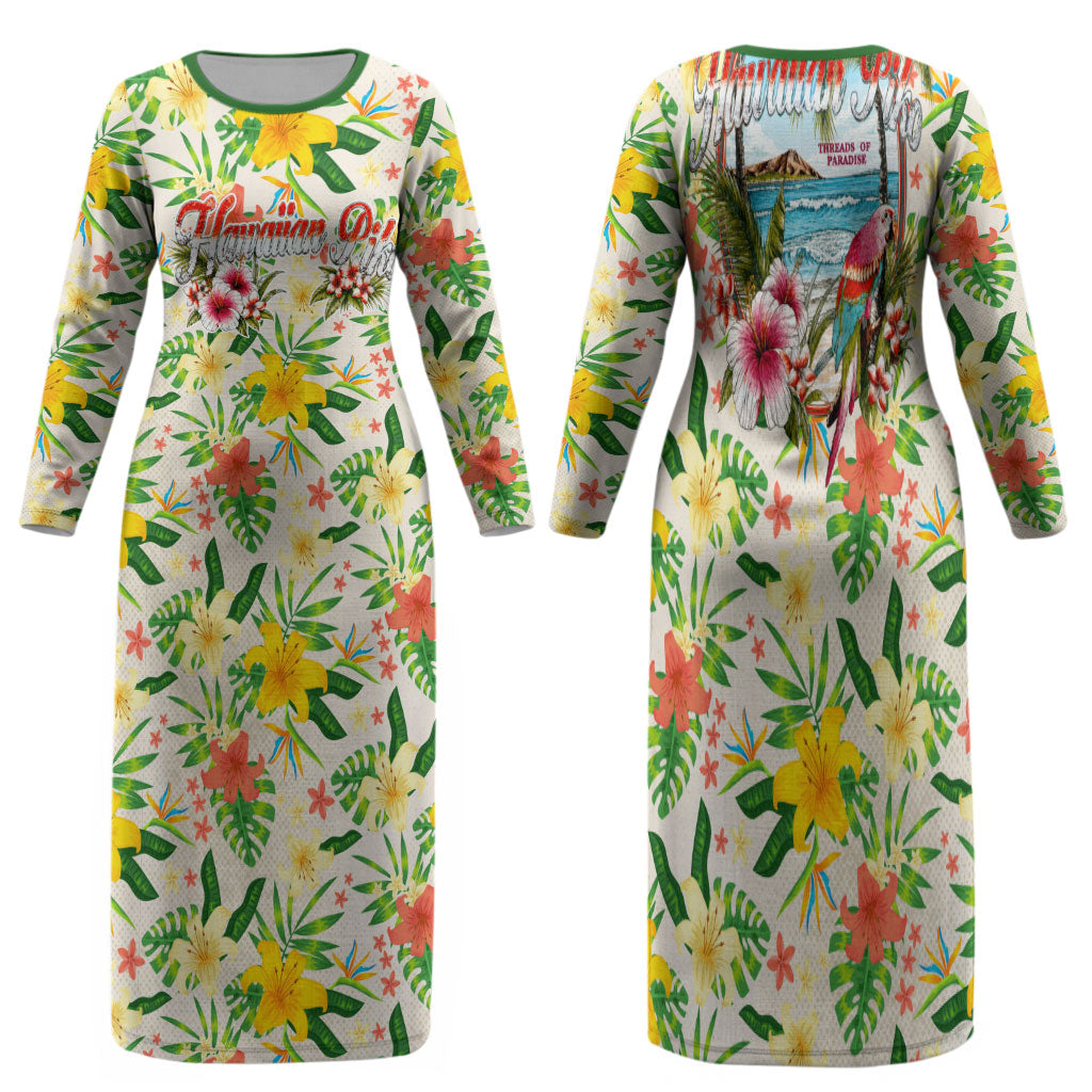 Hawaiian Piko Threads Of Paradise Aloha Family Matching Long Sleeve Bodycon Dress and Hawaiian Shirt Tropical Hibiscus Plumeria TS04 Mom's Dress White Green - Polynesian Pride