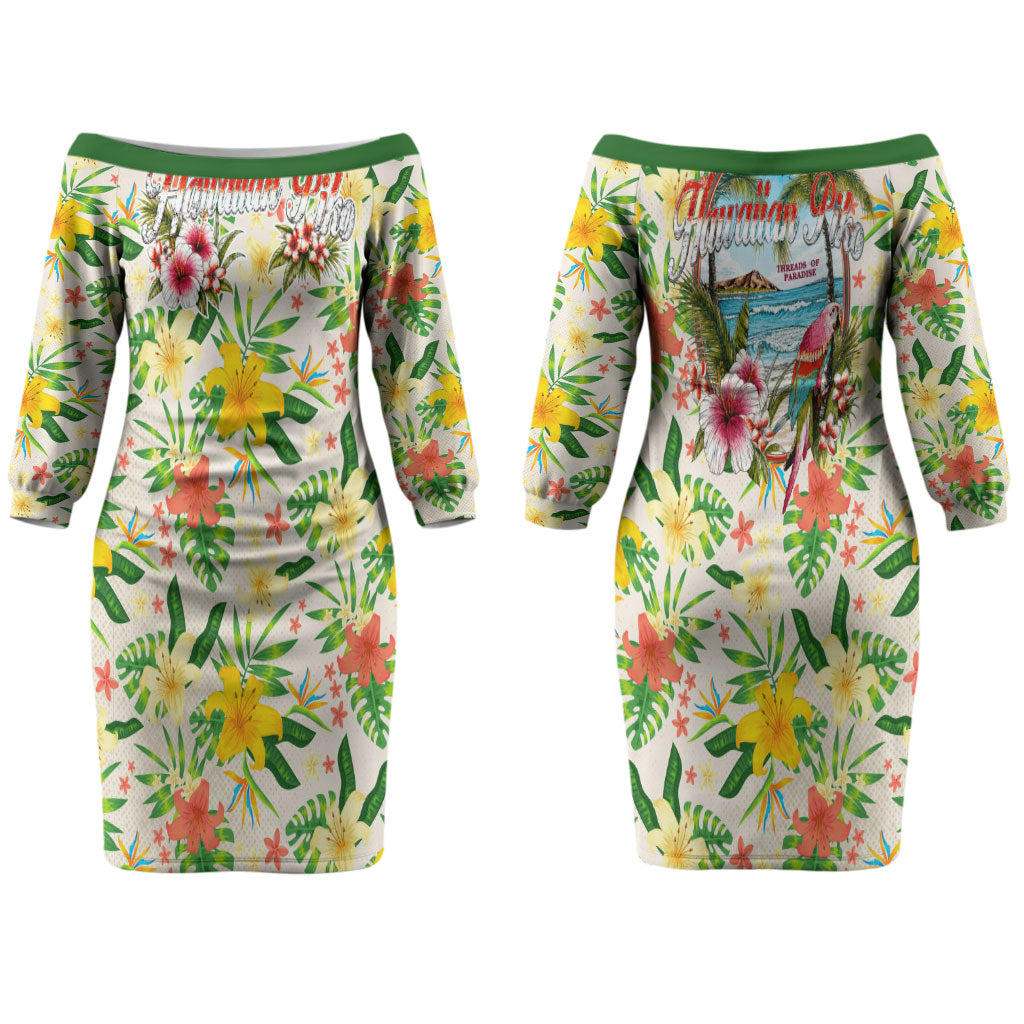 Hawaiian Piko Threads Of Paradise Aloha Family Matching Off The Shoulder Long Sleeve Dress and Hawaiian Shirt Tropical Hibiscus Plumeria TS04 Mom's Dress White Green - Polynesian Pride
