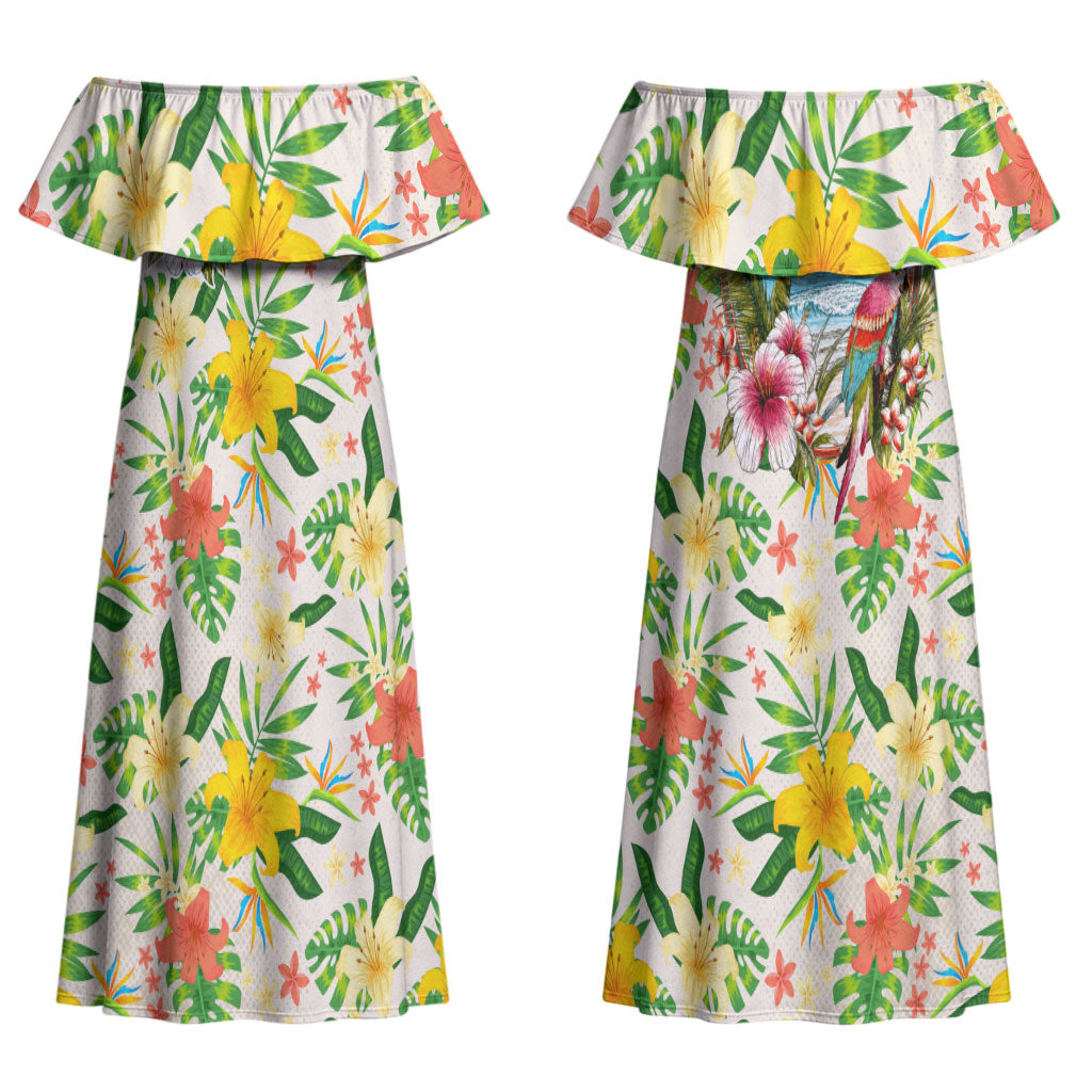 Hawaiian Piko Threads Of Paradise Aloha Family Matching Off Shoulder Maxi Dress and Hawaiian Shirt Tropical Hibiscus Plumeria TS04 Mom's Dress White Green - Polynesian Pride