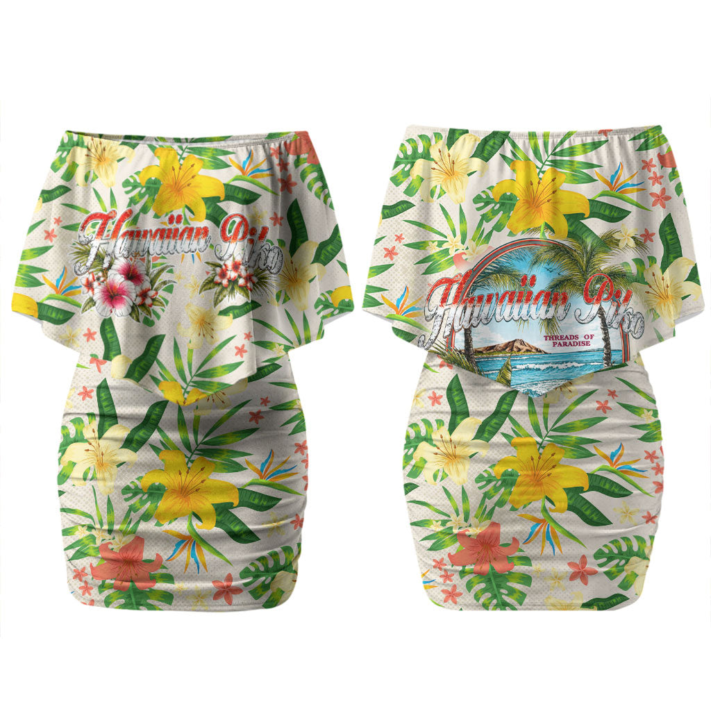 Hawaiian Piko Threads Of Paradise Aloha Family Matching Off Shoulder Short Dress and Hawaiian Shirt Tropical Hibiscus Plumeria TS04 Mom's Dress White Green - Polynesian Pride