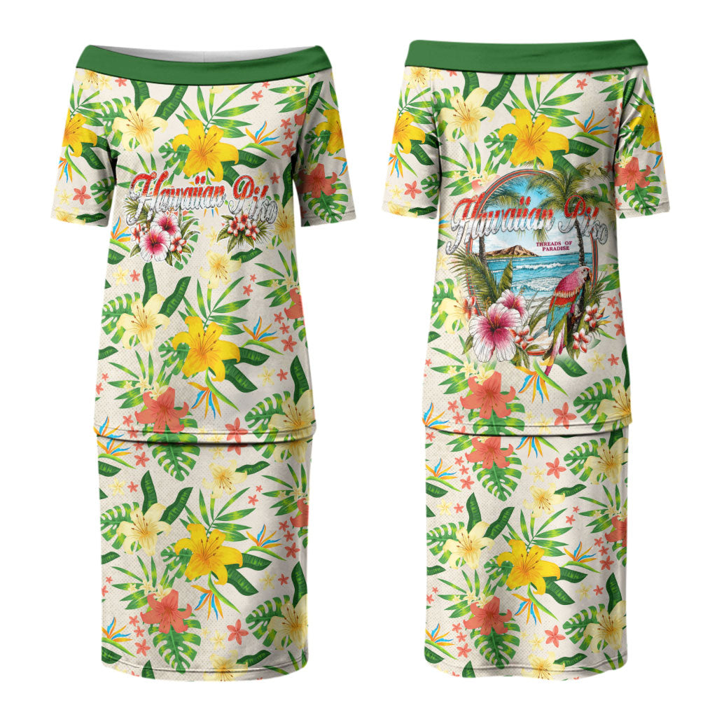 Hawaiian Piko Threads Of Paradise Aloha Family Matching Puletasi and Hawaiian Shirt Tropical Hibiscus Plumeria TS04 Mom's Dress White Green - Polynesian Pride