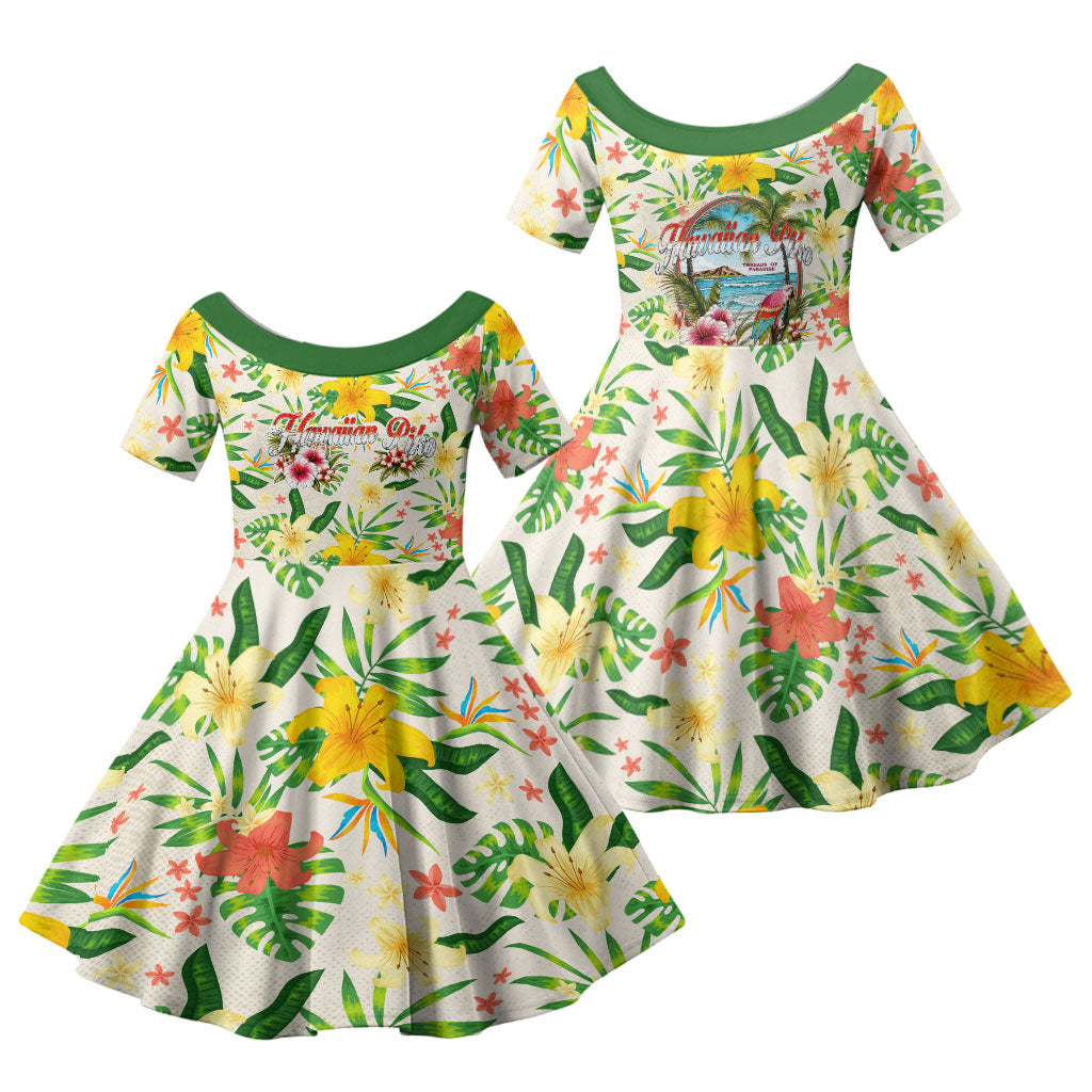 Hawaiian Piko Threads Of Paradise Aloha Family Matching Short Sleeve Bodycon Dress and Hawaiian Shirt Tropical Hibiscus Plumeria TS04 Daughter's Dress White Green - Polynesian Pride