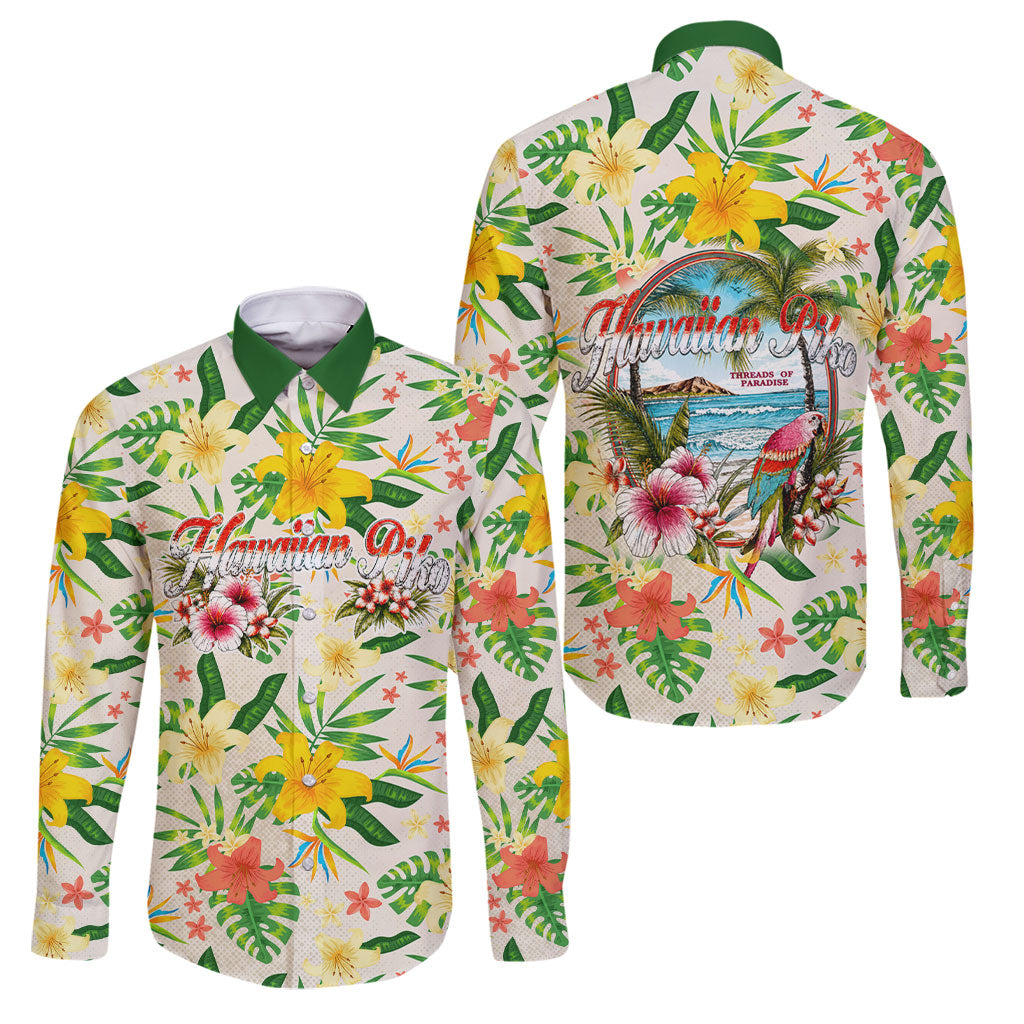 Hawaiian Piko Threads Of Paradise Aloha Family Matching Tank Maxi Dress and Hawaiian Shirt Tropical Hibiscus Plumeria TS04 Dad's Shirt - Long Sleeve White Green - Polynesian Pride