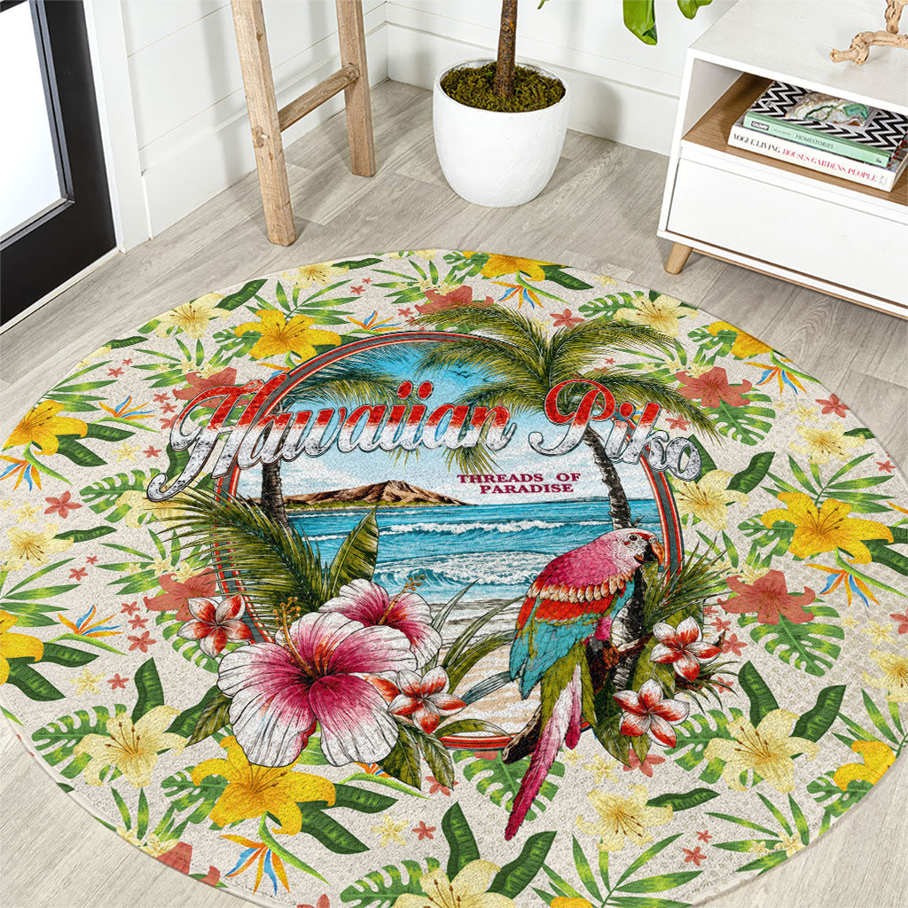 Hawaiian Piko Threads Of Paradise Aloha Round Carpet Tropical Hibiscus Plumeria TS04 White Green - Polynesian Pride