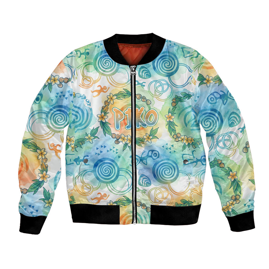 Hawaiian Piko Cultural Pride Aloha Bomber Jacket Watercolor Spiral Art - Tropical Plumeria Lei Garland TS04 Unisex White Blue - Polynesian Pride