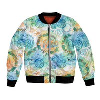 Hawaiian Piko Cultural Pride Aloha Bomber Jacket Watercolor Spiral Art - Tropical Plumeria Lei Garland TS04 Unisex White Blue - Polynesian Pride