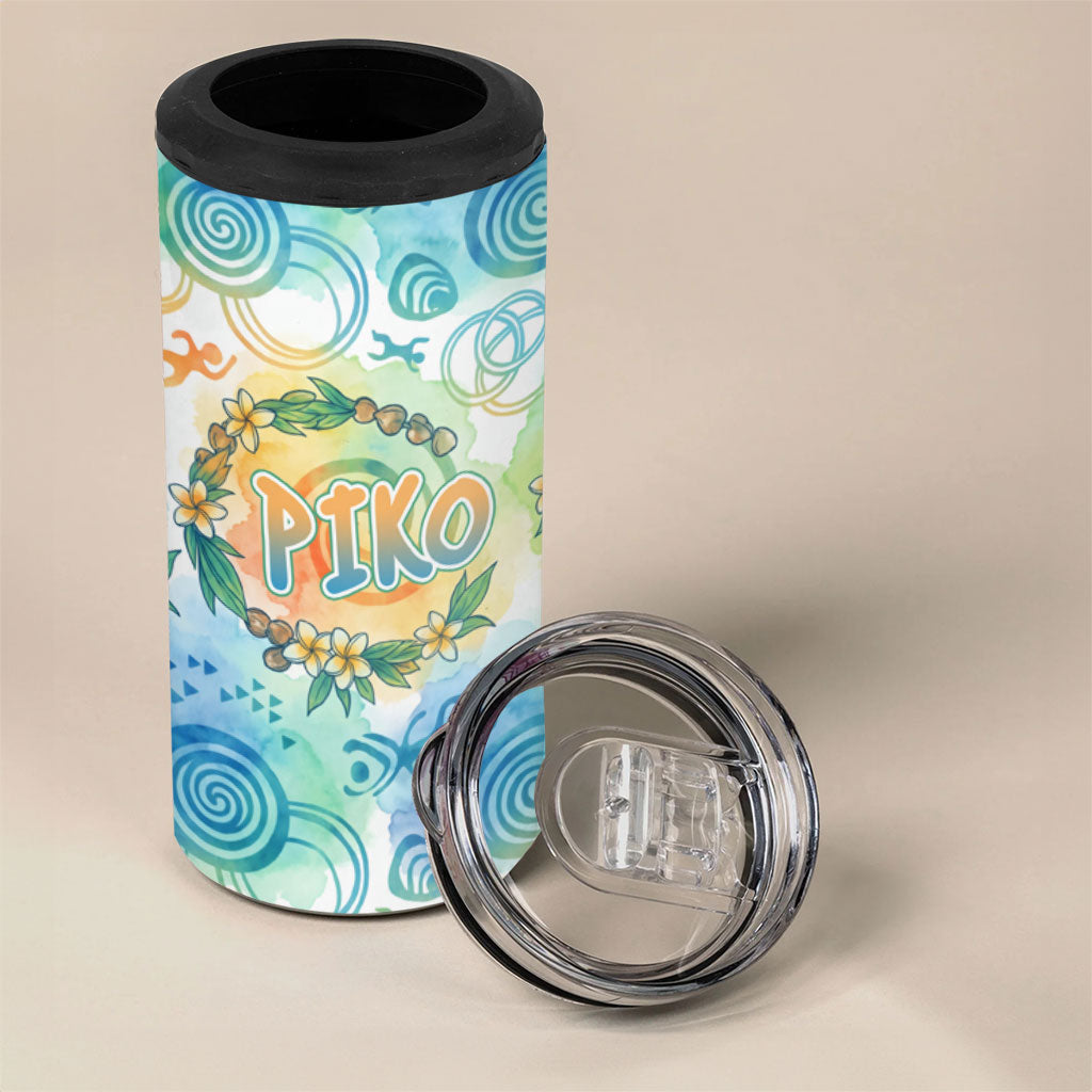 Hawaiian Piko Cultural Pride Aloha 4 in 1 Can Cooler Tumbler Watercolor Spiral Art - Tropical Plumeria Lei Garland TS04 - Polynesian Pride