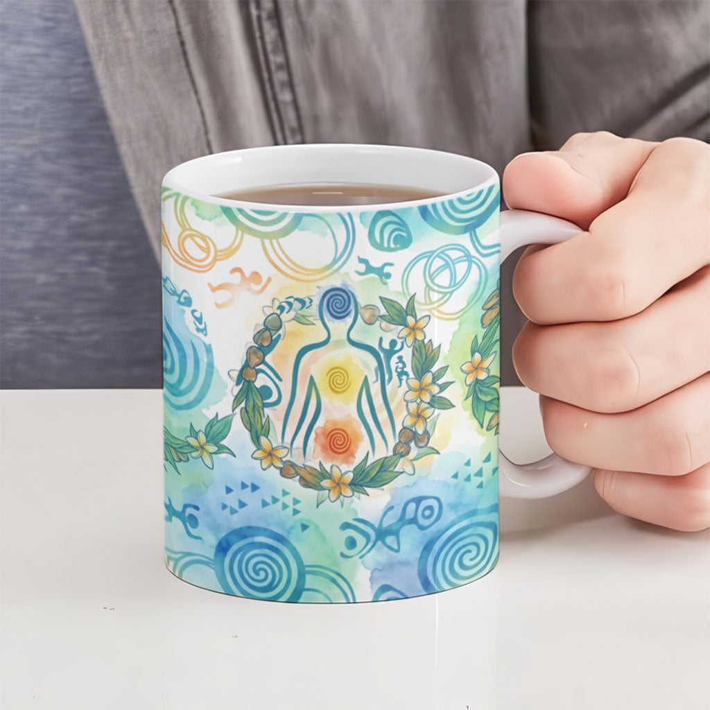 Hawaiian Piko Cultural Pride Aloha Ceramic Mug Watercolor Spiral Art - Tropical Plumeria Lei Garland TS04 - Polynesian Pride