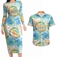 Hawaiian Piko Cultural Pride Aloha Couples Matching Long Sleeve Bodycon Dress and Hawaiian Shirt Watercolor Spiral Art - Tropical Plumeria Lei Garland TS04 White Blue - Polynesian Pride