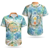 Hawaiian Piko Cultural Pride Aloha Couples Matching Long Sleeve Bodycon Dress and Hawaiian Shirt Watercolor Spiral Art - Tropical Plumeria Lei Garland TS04 - Polynesian Pride