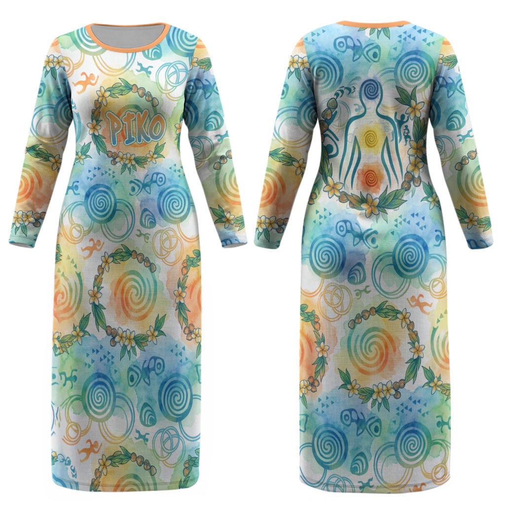 Hawaiian Piko Cultural Pride Aloha Couples Matching Long Sleeve Bodycon Dress and Hawaiian Shirt Watercolor Spiral Art - Tropical Plumeria Lei Garland TS04 - Polynesian Pride
