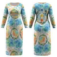 Hawaiian Piko Cultural Pride Aloha Couples Matching Long Sleeve Bodycon Dress and Hawaiian Shirt Watercolor Spiral Art - Tropical Plumeria Lei Garland TS04 - Polynesian Pride