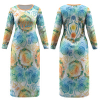 Hawaiian Piko Cultural Pride Aloha Couples Matching Long Sleeve Bodycon Dress and Long Sleeve Button Shirt Watercolor Spiral Art - Tropical Plumeria Lei Garland TS04 - Polynesian Pride