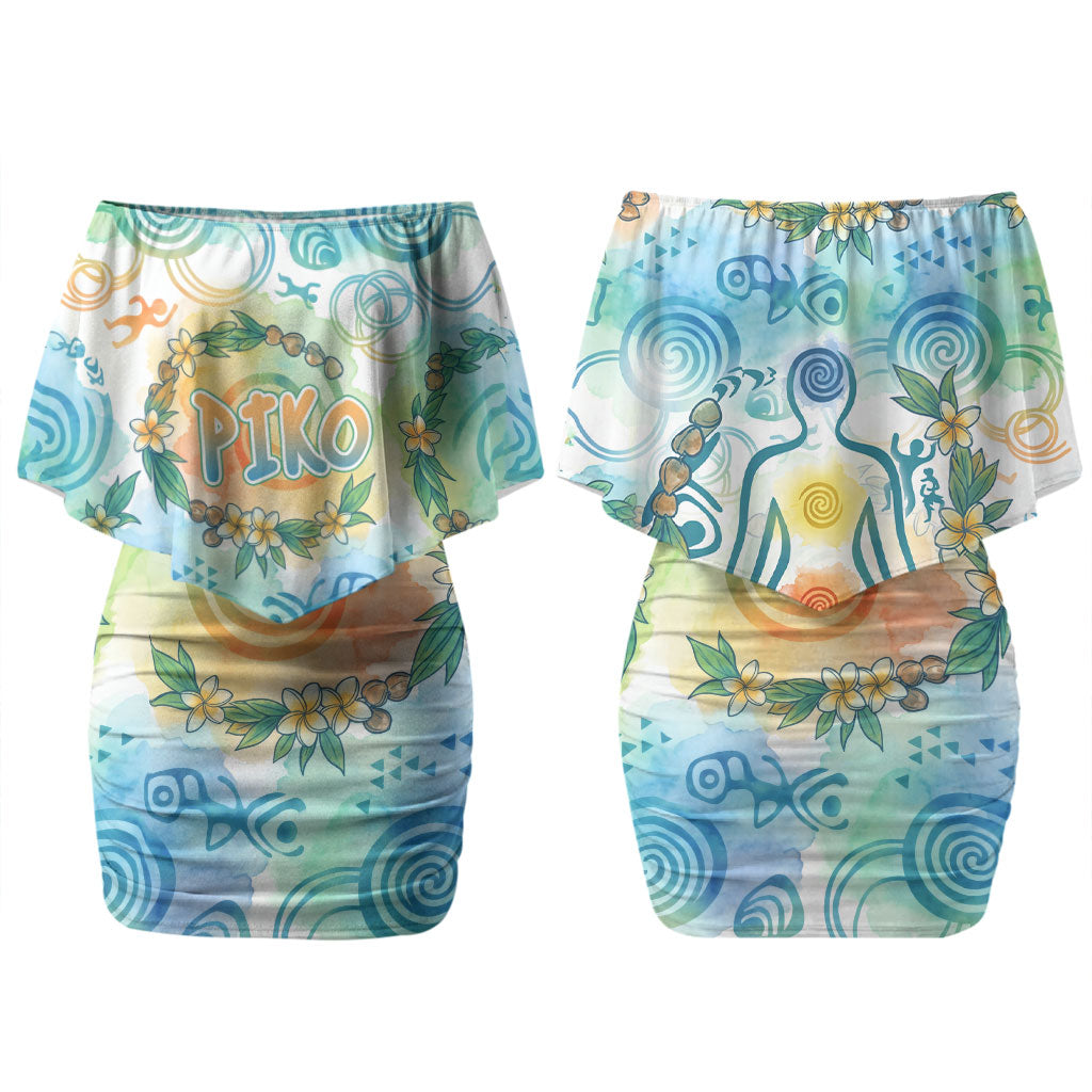 Hawaiian Piko Cultural Pride Aloha Couples Matching Off Shoulder Short Dress and Long Sleeve Button Shirt Watercolor Spiral Art - Tropical Plumeria Lei Garland TS04 - Polynesian Pride