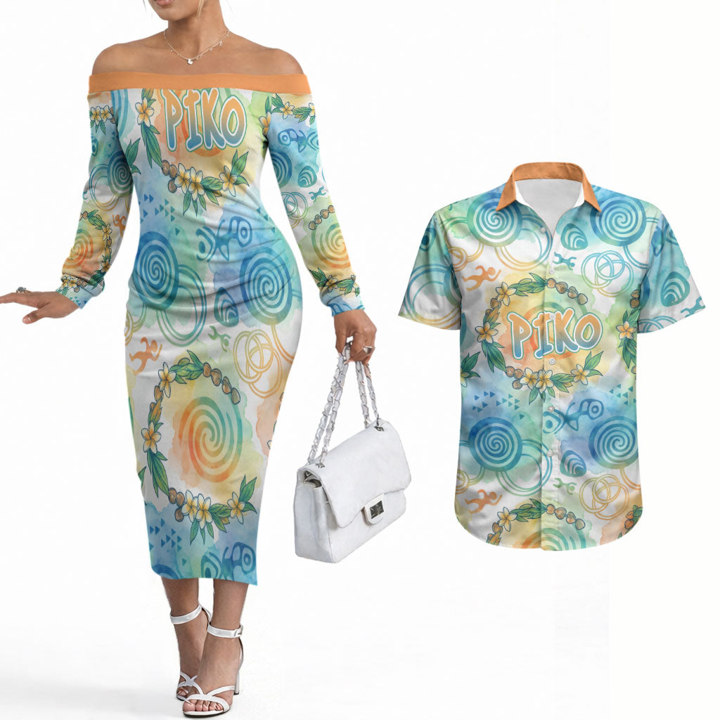 Hawaiian Piko Cultural Pride Aloha Couples Matching Off The Shoulder Long Sleeve Dress and Hawaiian Shirt Watercolor Spiral Art - Tropical Plumeria Lei Garland TS04 White Blue - Polynesian Pride