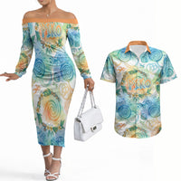 Hawaiian Piko Cultural Pride Aloha Couples Matching Off The Shoulder Long Sleeve Dress and Hawaiian Shirt Watercolor Spiral Art - Tropical Plumeria Lei Garland TS04 White Blue - Polynesian Pride