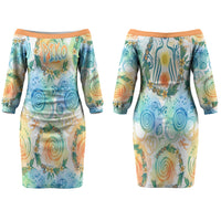 Hawaiian Piko Cultural Pride Aloha Couples Matching Off The Shoulder Long Sleeve Dress and Hawaiian Shirt Watercolor Spiral Art - Tropical Plumeria Lei Garland TS04 - Polynesian Pride