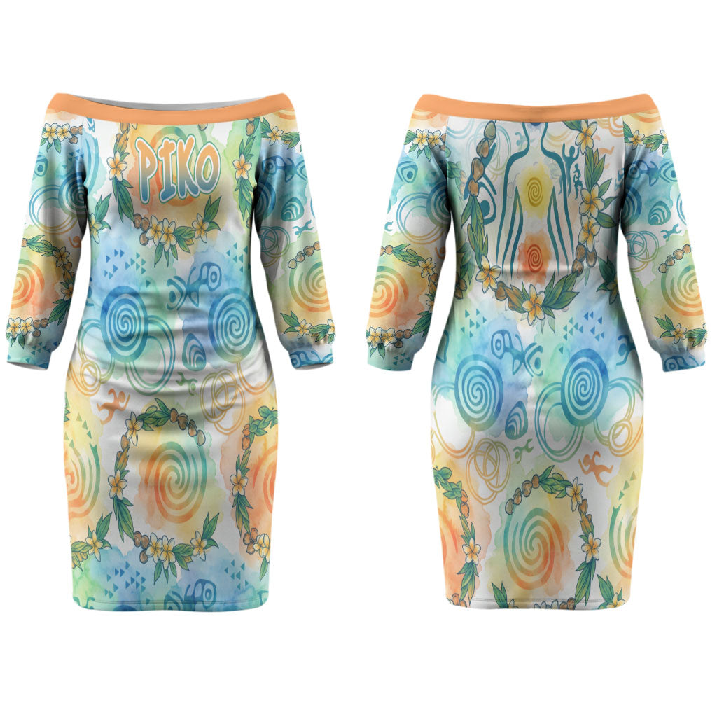 Hawaiian Piko Cultural Pride Aloha Couples Matching Off The Shoulder Long Sleeve Dress and Long Sleeve Button Shirt Watercolor Spiral Art - Tropical Plumeria Lei Garland TS04 - Polynesian Pride