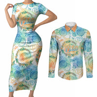 Hawaiian Piko Cultural Pride Aloha Couples Matching Short Sleeve Bodycon Dress and Long Sleeve Button Shirt Watercolor Spiral Art - Tropical Plumeria Lei Garland TS04 White Blue - Polynesian Pride