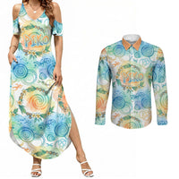 Hawaiian Piko Cultural Pride Aloha Couples Matching Summer Maxi Dress and Long Sleeve Button Shirt Watercolor Spiral Art - Tropical Plumeria Lei Garland TS04 White Blue - Polynesian Pride