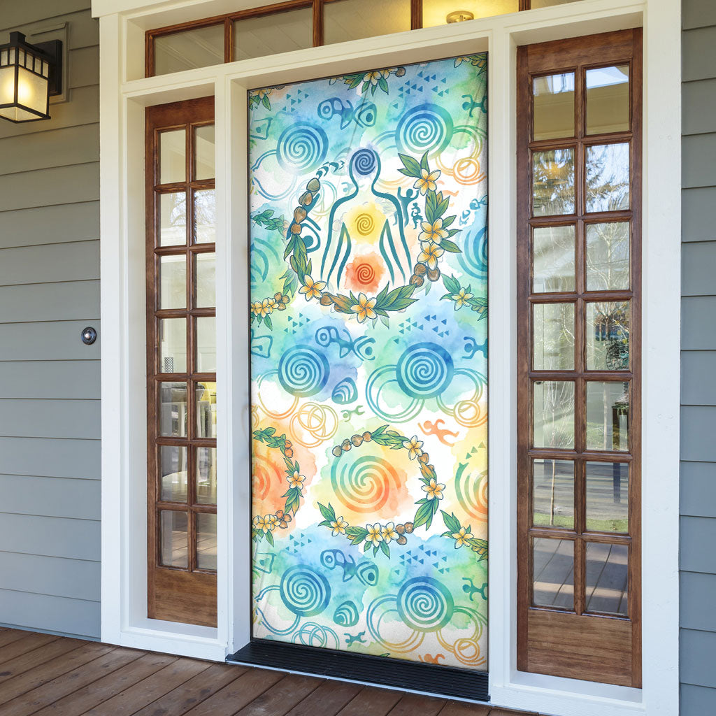Hawaiian Piko Cultural Pride Aloha Door Cover Watercolor Spiral Art - Tropical Plumeria Lei Garland
