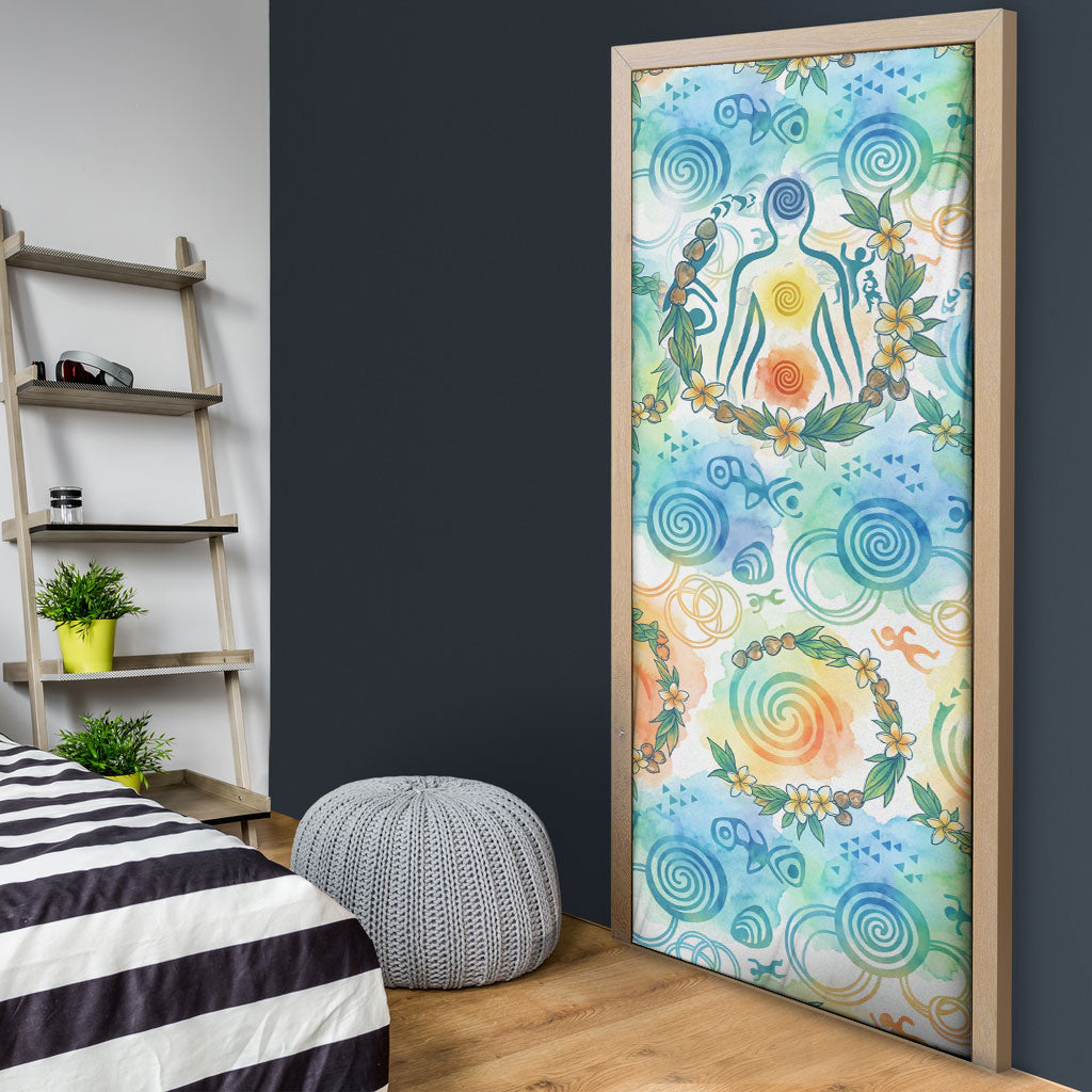 Hawaiian Piko Cultural Pride Aloha Door Cover Watercolor Spiral Art - Tropical Plumeria Lei Garland