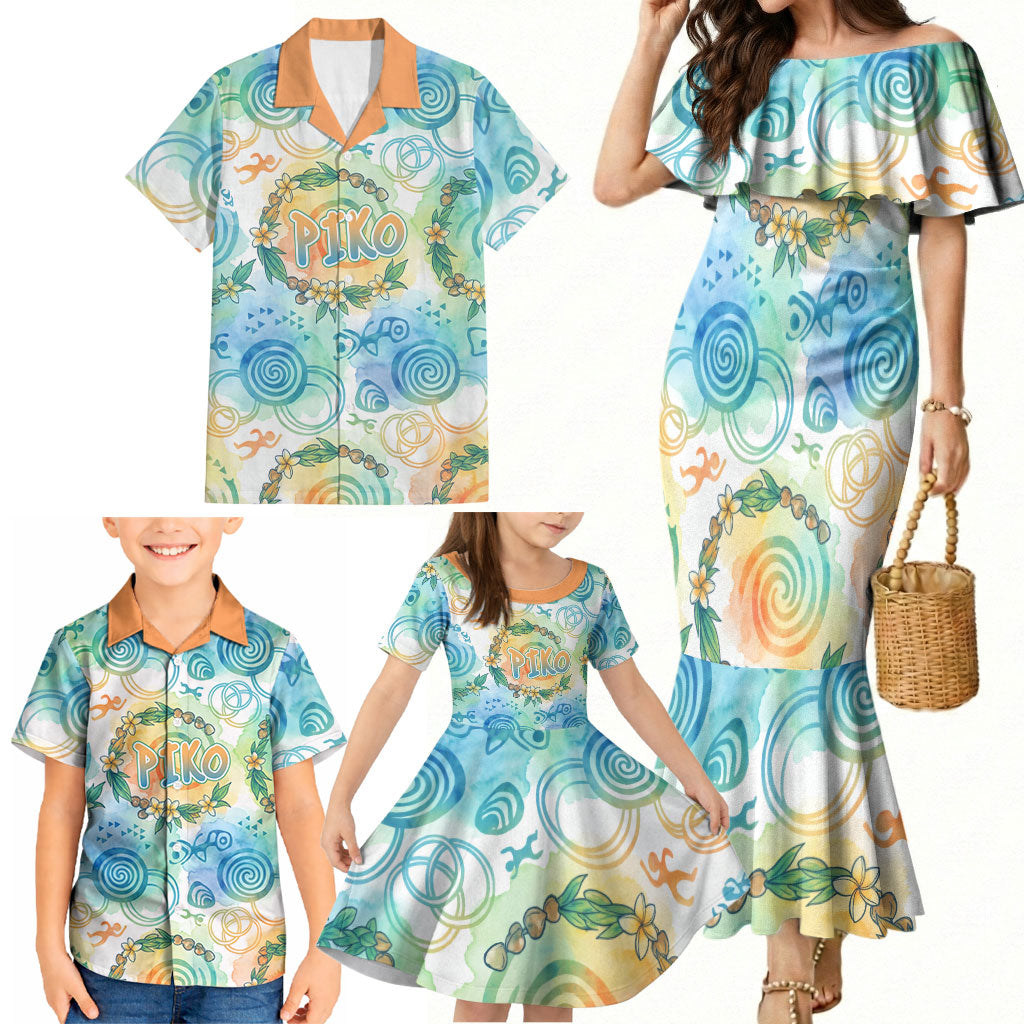 Hawaiian Piko Cultural Pride Aloha Family Matching Mermaid Dress and Hawaiian Shirt Watercolor Spiral Art - Tropical Plumeria Lei Garland TS04 - Polynesian Pride
