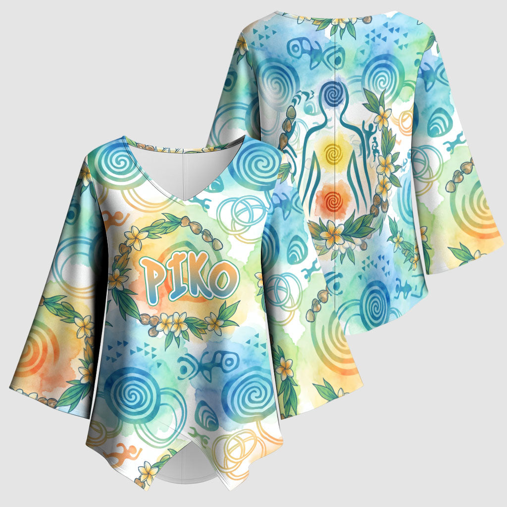 Hawaiian Piko Cultural Pride Aloha Kimono Sleeve Blouse Watercolor Spiral Art - Tropical Plumeria Lei Garland TS04 - Polynesian Pride