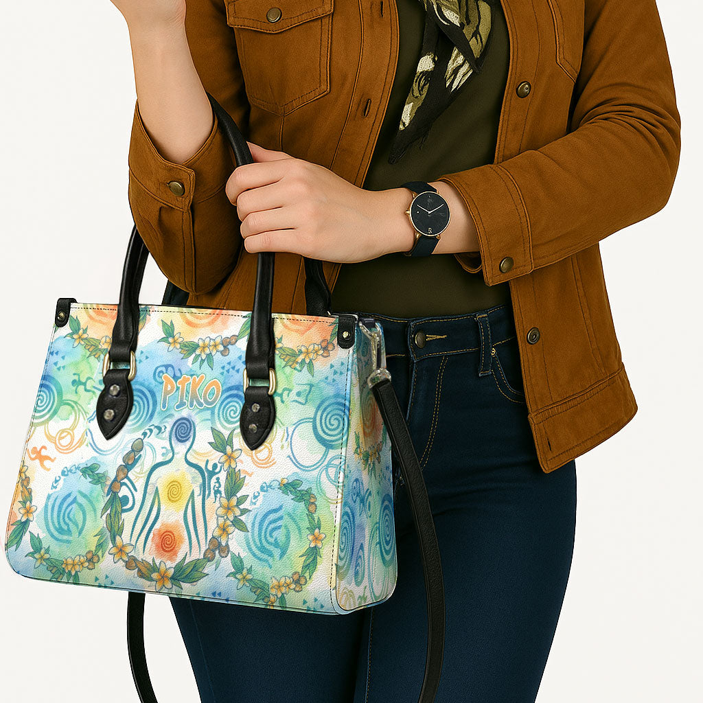 Hawaiian Piko Cultural Pride Aloha Leather Bag Watercolor Spiral Art - Tropical Plumeria Lei Garland TS04 - Polynesian Pride